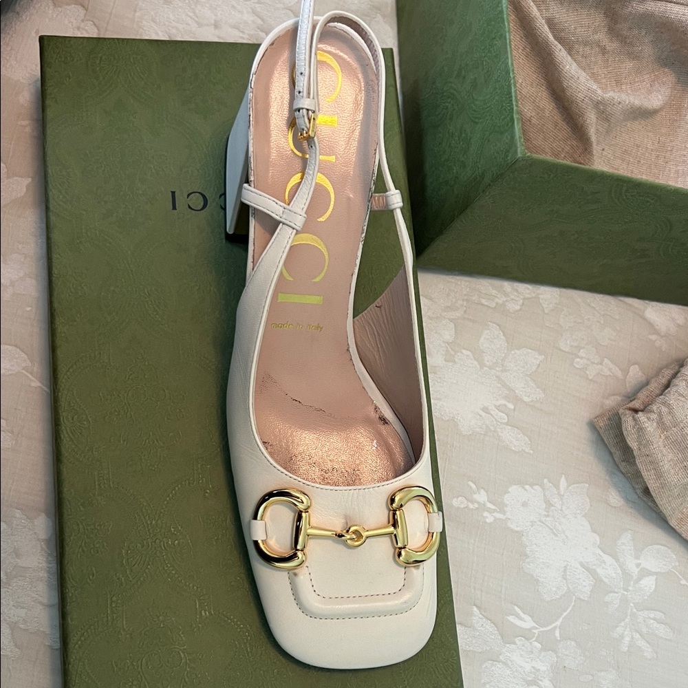 Gucci Cream Leather Horsebit Slingback Mule